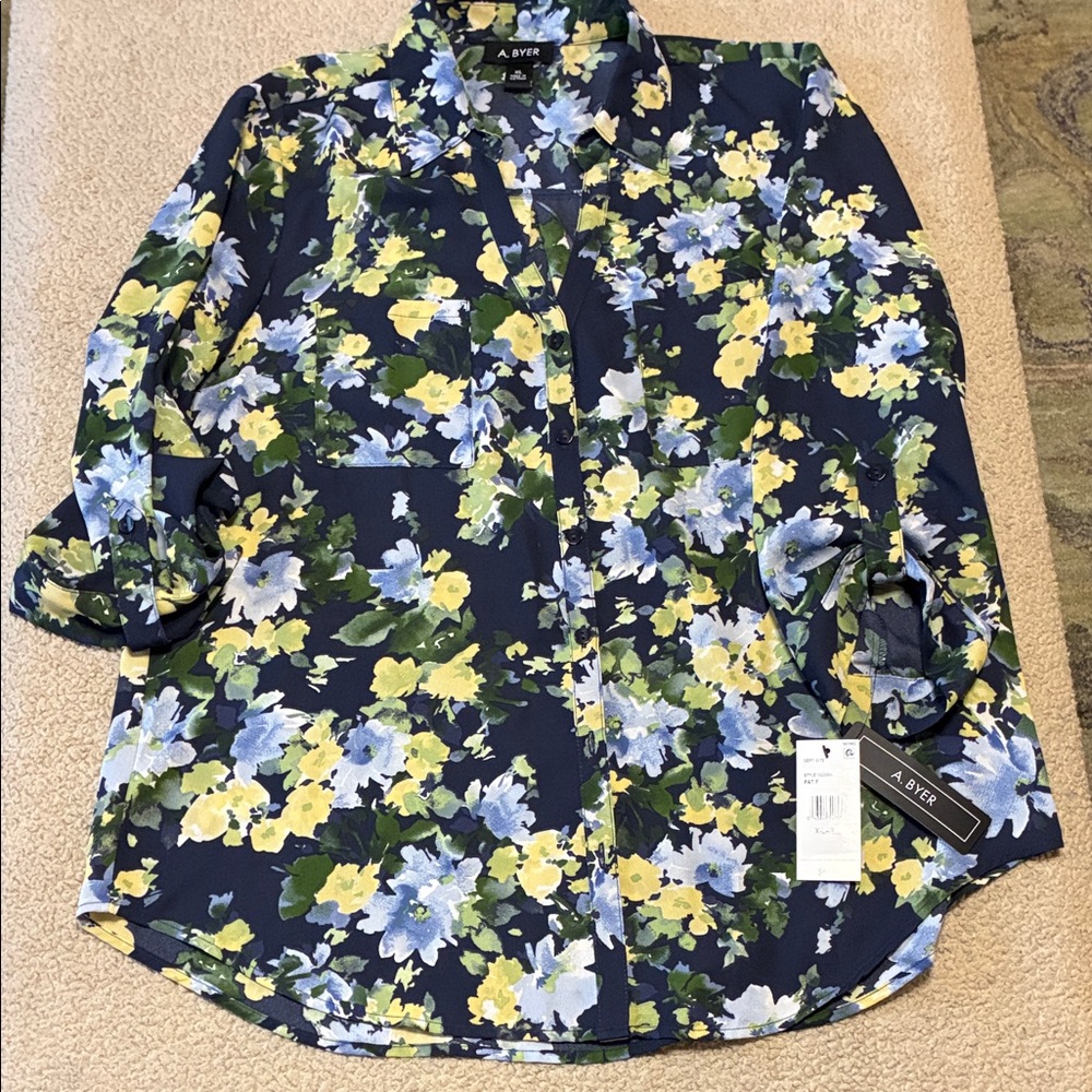 A. Byer Navy Floral Button-Down Shirt with Yellow & Light Blue Blooms 1X